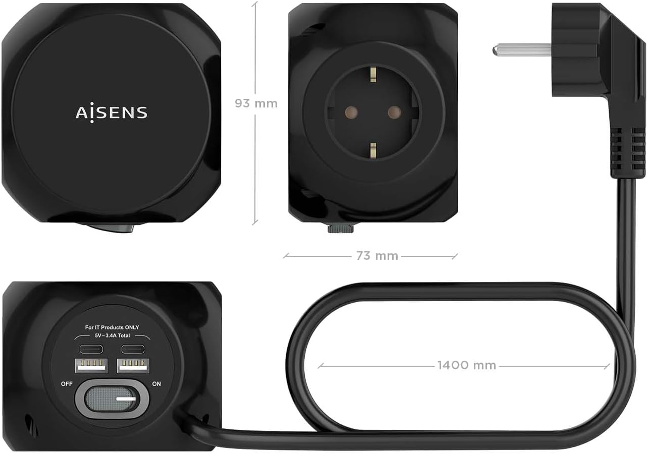 Régua com Interruptor Aisens ASPS-2A2C05-BK/ 3 Tomadas de Corrente/ 2 USB Tipo-C/ 2 USB/ Cabo 1.4m/ Preto - Imagem 4