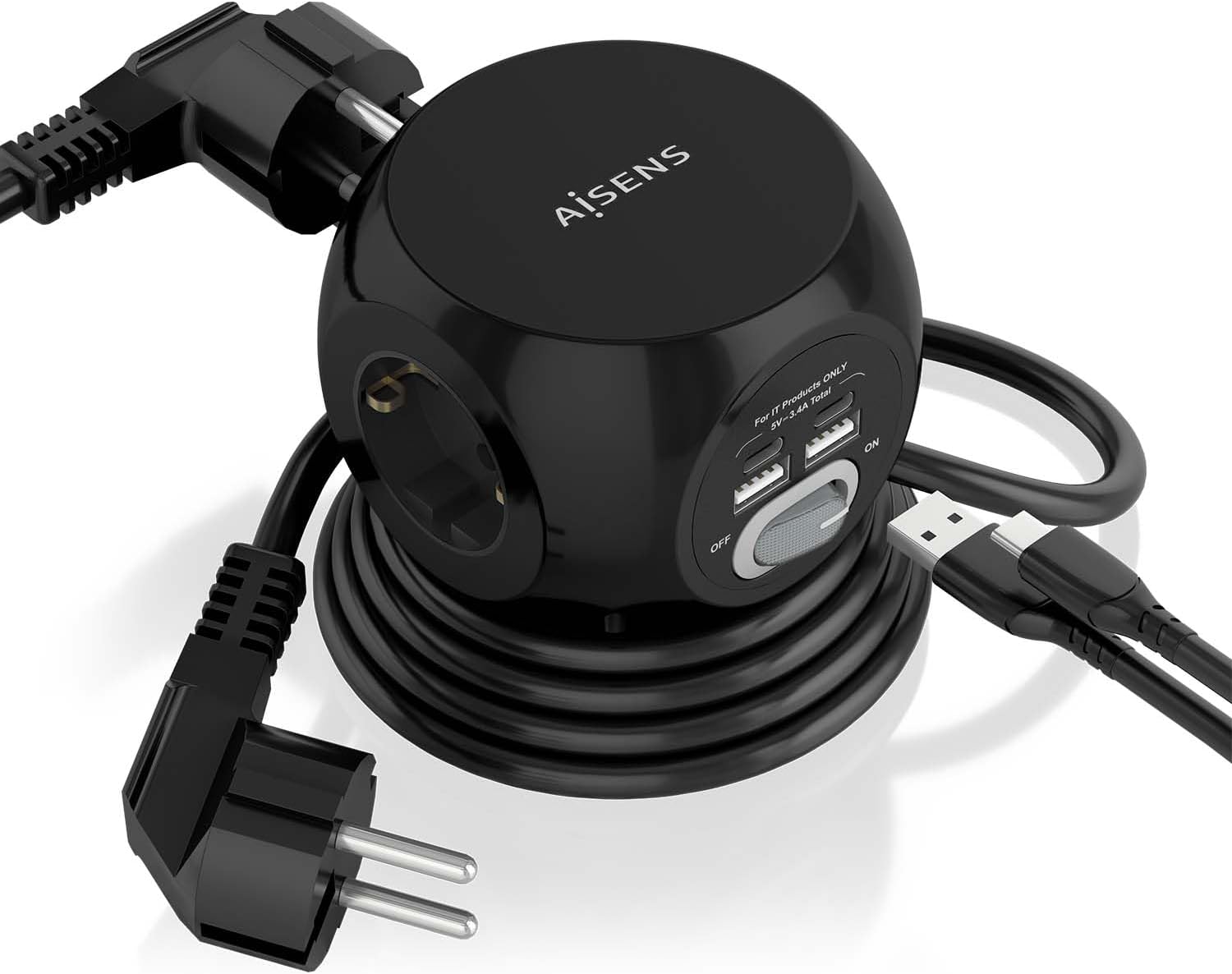 Régua com Interruptor Aisens ASPS-2A2C05-BK/ 3 Tomadas de Corrente/ 2 USB Tipo-C/ 2 USB/ Cabo 1.4m/ Preto - Imagem 3