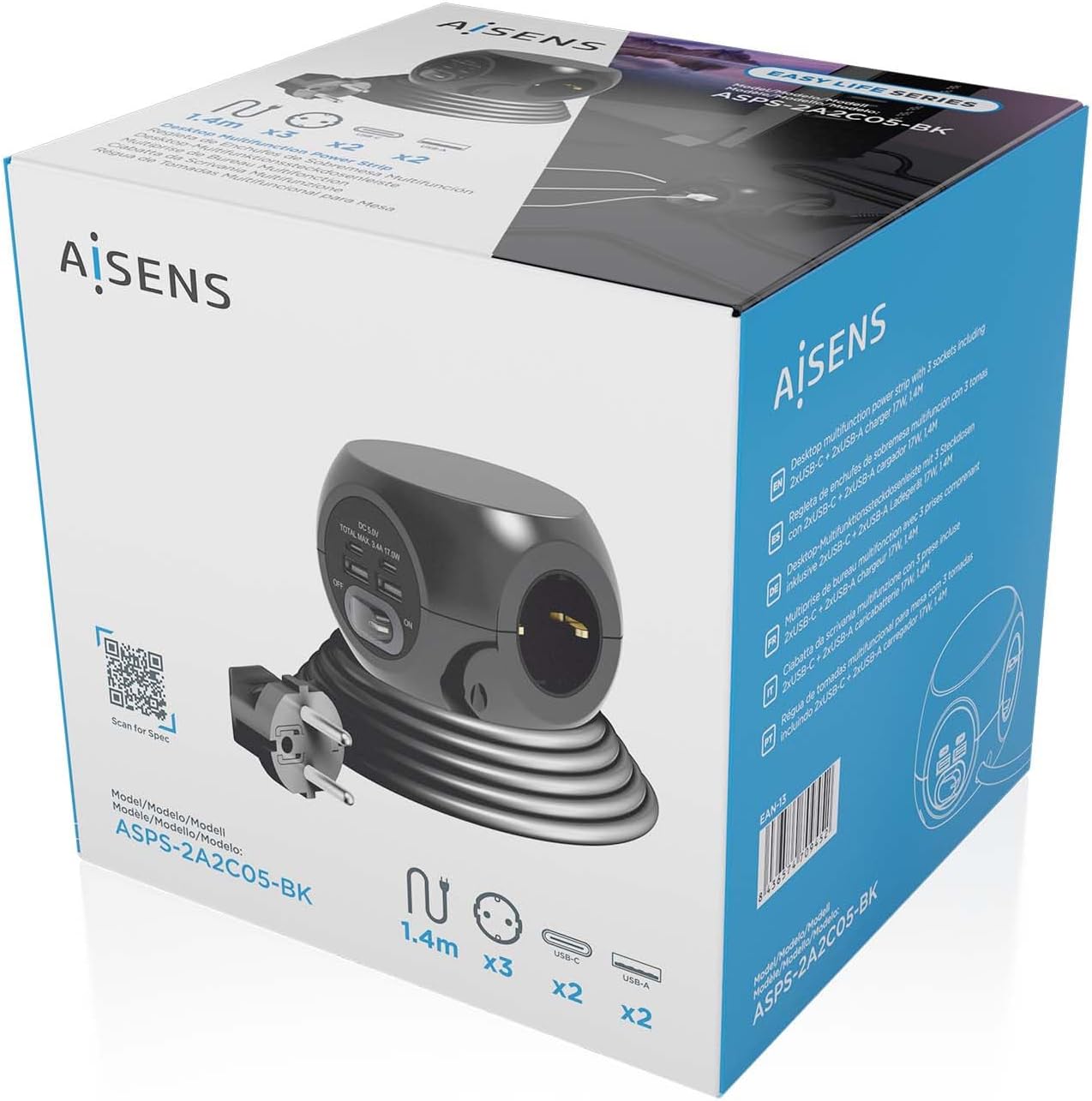 Régua com Interruptor Aisens ASPS-2A2C05-BK/ 3 Tomadas de Corrente/ 2 USB Tipo-C/ 2 USB/ Cabo 1.4m/ Preto - Imagem 7