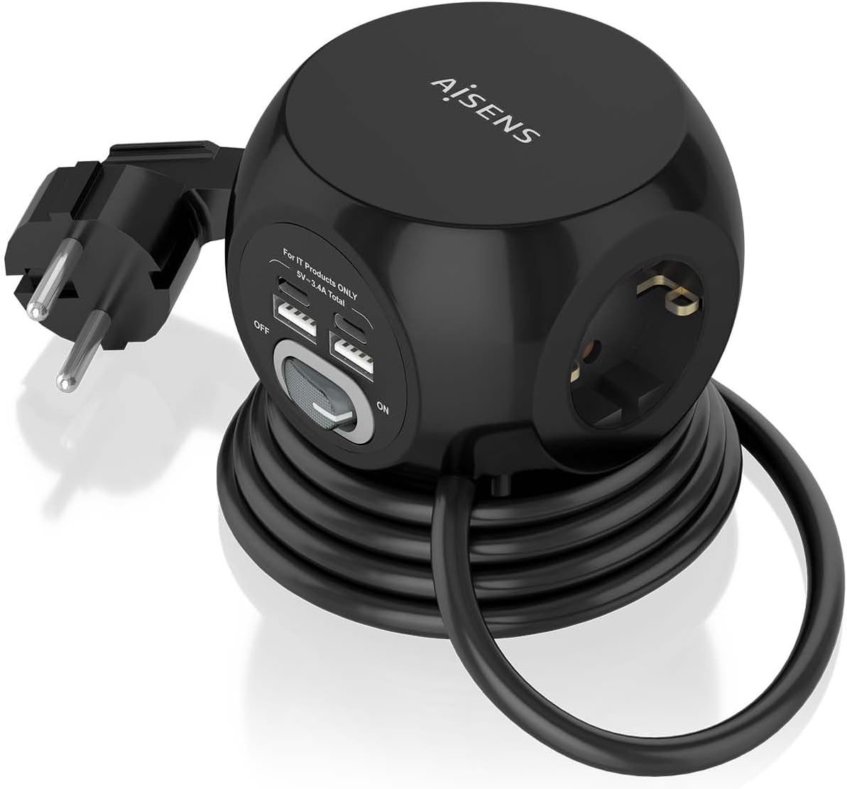 Régua com Interruptor Aisens ASPS-2A2C05-BK/ 3 Tomadas de Corrente/ 2 USB Tipo-C/ 2 USB/ Cabo 1.4m/ Preto - Imagem 2
