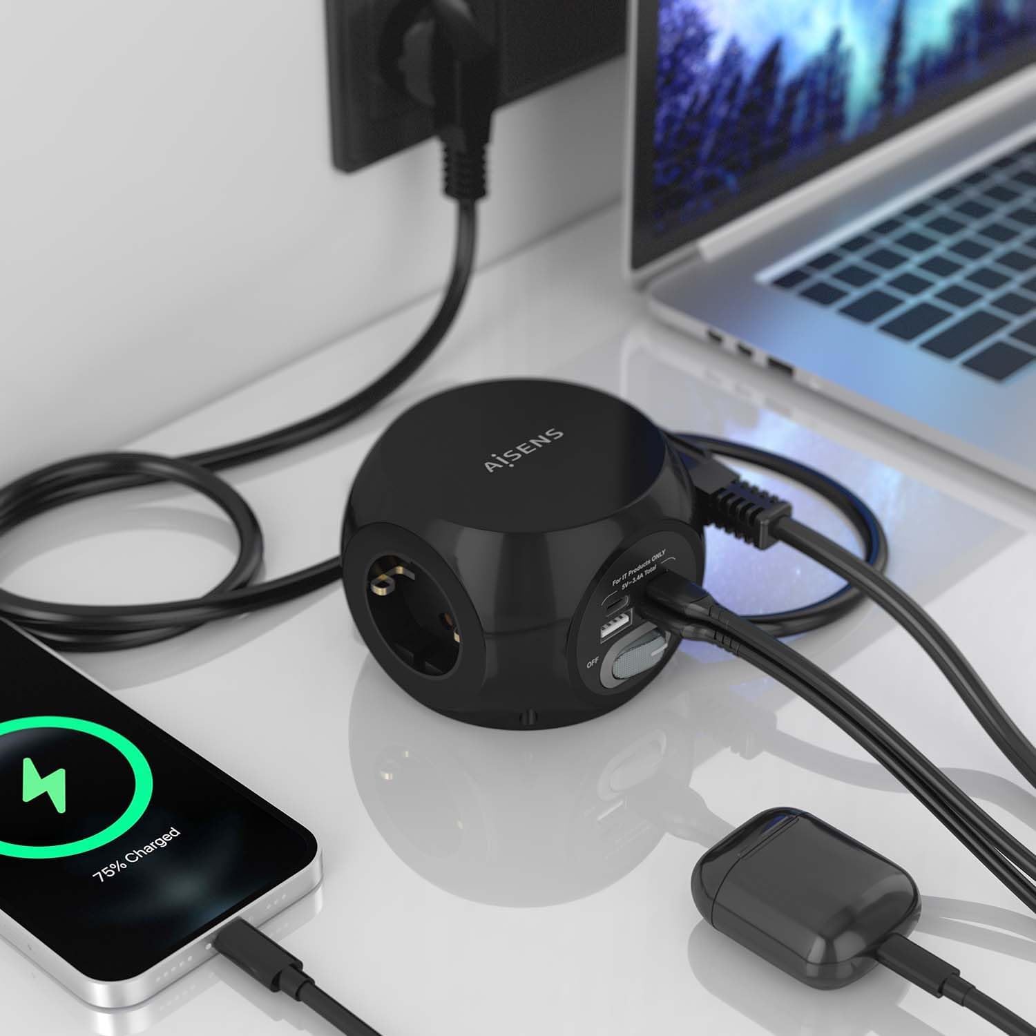 Régua com Interruptor Aisens ASPS-2A2C05-BK/ 3 Tomadas de Corrente/ 2 USB Tipo-C/ 2 USB/ Cabo 1.4m/ Preto - Imagem 5