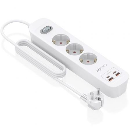 Tomada múltipla com Interruptor Aisens ASPS-2A2C10-W/ 3 Tomadas Elétricas/ 2 USB - 2 USB Tipo-C/ Cabo 1.4m/ Branco - Imagem 2