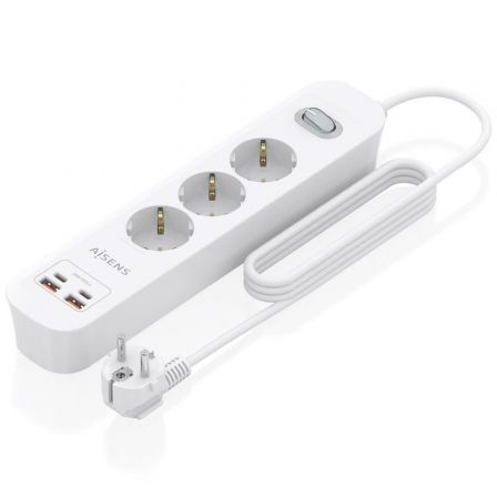 Tomada múltipla com Interruptor Aisens ASPS-2A2C10-W/ 3 Tomadas Elétricas/ 2 USB - 2 USB Tipo-C/ Cabo 1.4m/ Branco