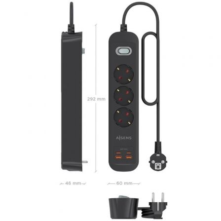 Ficha Múltipla com Interruptor Aisens ASPS-2A2C11-BK/ 3 Tomadas de Corrente/ 2 USB - 2 USB Tipo-C/ Cabo 1.4m/ Preto - Imagem 4