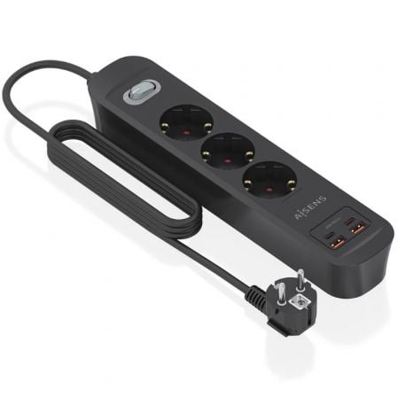 Ficha Múltipla com Interruptor Aisens ASPS-2A2C11-BK/ 3 Tomadas de Corrente/ 2 USB - 2 USB Tipo-C/ Cabo 1.4m/ Preto - Imagem 2