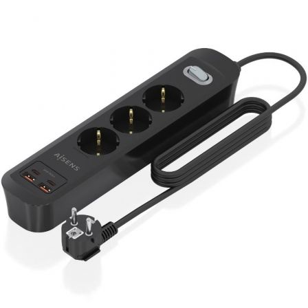 Ficha Múltipla com Interruptor Aisens ASPS-2A2C11-BK/ 3 Tomadas de Corrente/ 2 USB - 2 USB Tipo-C/ Cabo 1.4m/ Preto