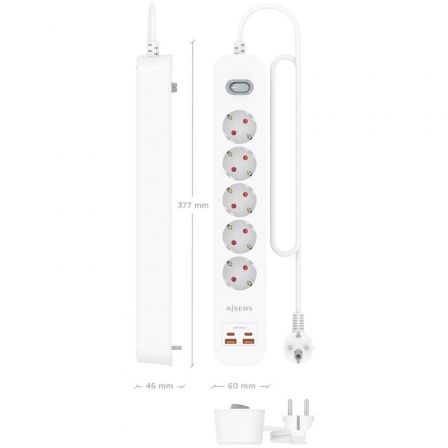 Tomada múltipla com Interruptor Aisens ASPS-2A2C14-W/ 5 Tomadas de Corrente/ 2 USB - 2 USB Tipo-C/ Cabo 1.4m/ Branco - Imagem 4