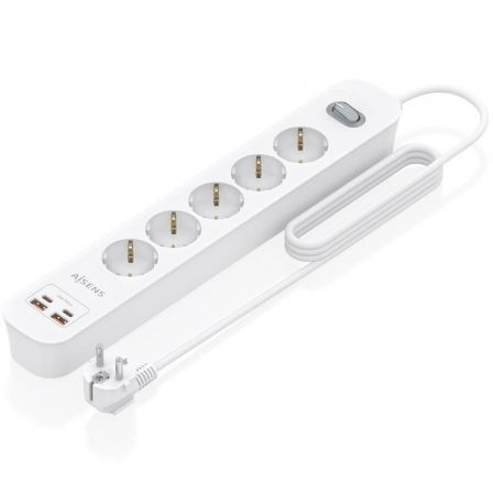 Tomada múltipla com Interruptor Aisens ASPS-2A2C14-W/ 5 Tomadas de Corrente/ 2 USB - 2 USB Tipo-C/ Cabo 1.4m/ Branco