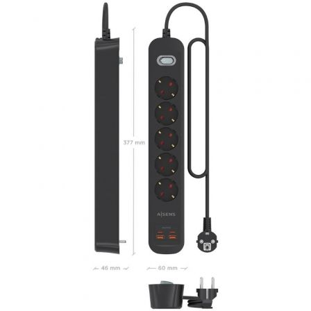 Tomada múltipla com Interruptor Aisens A154-0536/ 5 Tomadas de Corrente/ 2 USB - 2 USB Tipo-C/ Cabo 1.4m/ Preto - Imagem 4