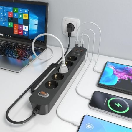 Tomada múltipla com Interruptor Aisens A154-0536/ 5 Tomadas de Corrente/ 2 USB - 2 USB Tipo-C/ Cabo 1.4m/ Preto - Imagem 5