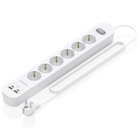 Extensão de corrente com Interruptor Aisens ASPS-2A2C16-W/ 6 Tomadas de Corrente/ 2 USB e 2 USB Tipo-C/ Cabo 1,4m/ Branco