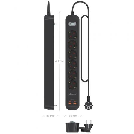 Extensão com Interruptor Aisens ASPS-2A2C17-BK/ 6 Tomadas Elétricas/ 2 USB - 2 USB Tipo-C/ Cabo 1.4m/ Preto - Imagem 3