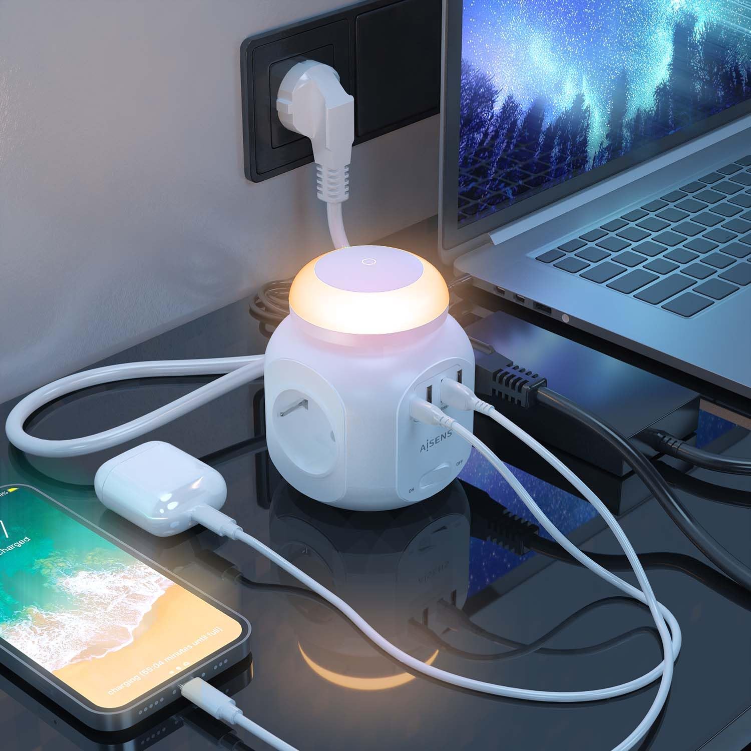 Régua de Energia com Interruptor e Luz Noturna Aisens ASPS-3A1CL01-W/ 4 Tomadas de Corrente/ 1 USB Tipo-C/ 3 USB/ Cabo 1.8m/ Branco - Imagem 5
