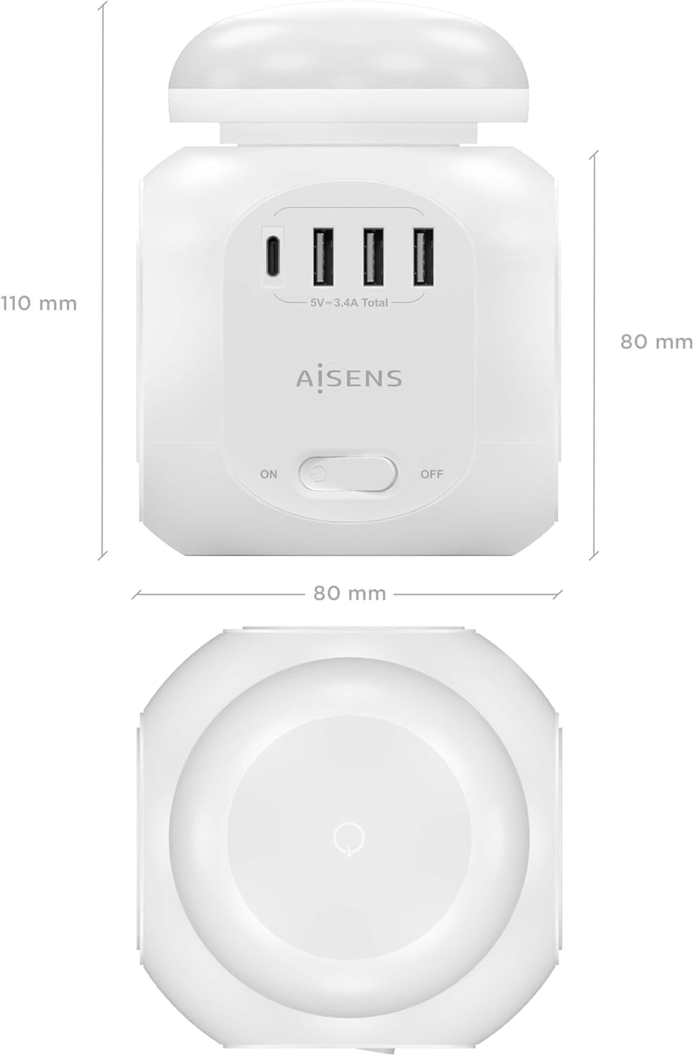 Régua de Energia com Interruptor e Luz Noturna Aisens ASPS-3A1CL01-W/ 4 Tomadas de Corrente/ 1 USB Tipo-C/ 3 USB/ Cabo 1.8m/ Branco - Imagem 6