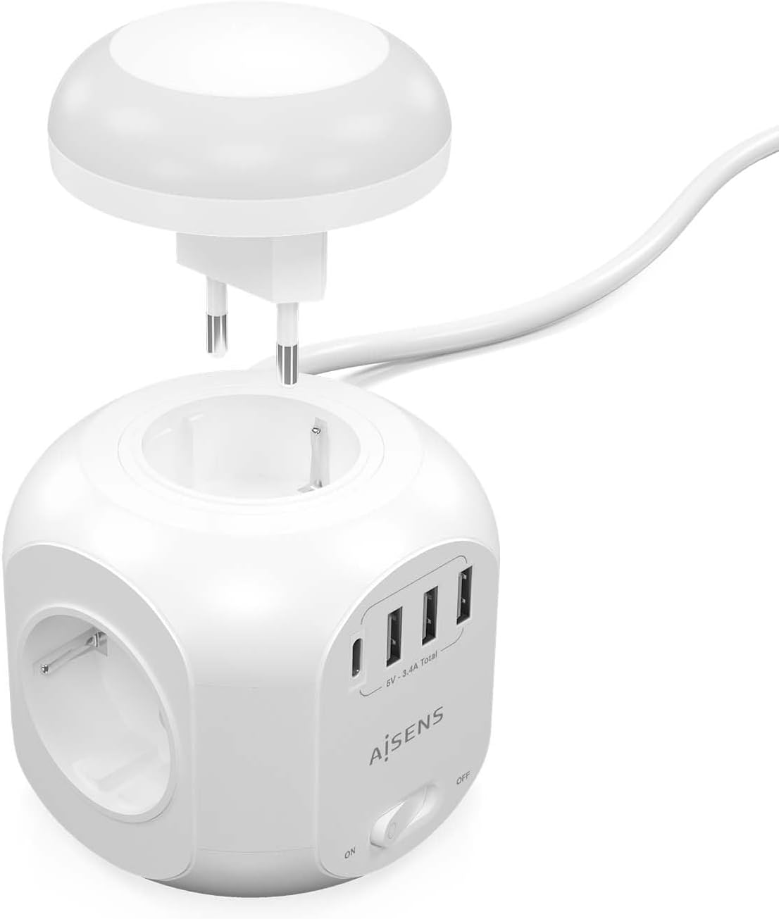 Régua de Energia com Interruptor e Luz Noturna Aisens ASPS-3A1CL01-W/ 4 Tomadas de Corrente/ 1 USB Tipo-C/ 3 USB/ Cabo 1.8m/ Branco - Imagem 2