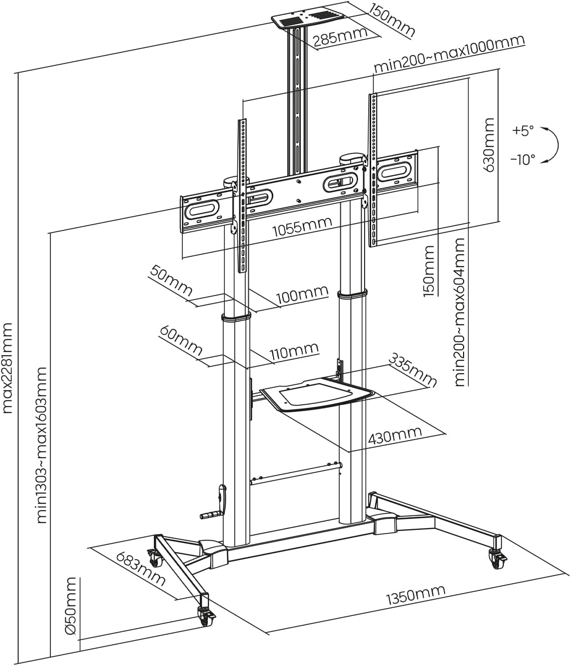 Suporte de Chão Inclinável com Rodas e Manivela Aisens FT100TE-171 para TV 60-100"/ até 100kg - Imagem 4
