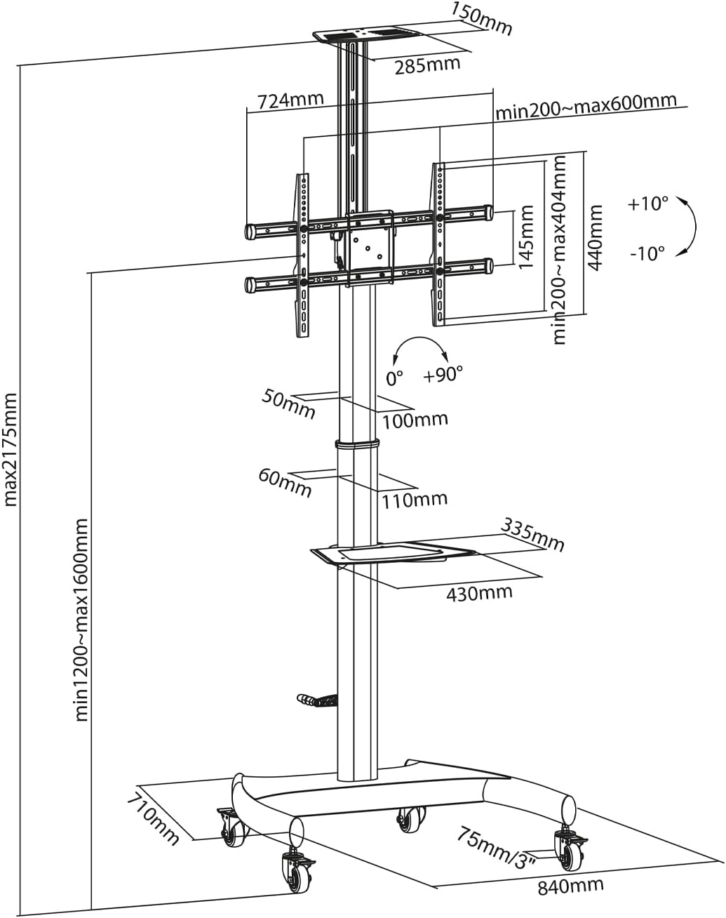 Suporte de Chão Inclinável/ Rotativo com Rodas e Manivela Aisens FT70TE-169 para TV 37-70"/ até 50kg - Imagem 4