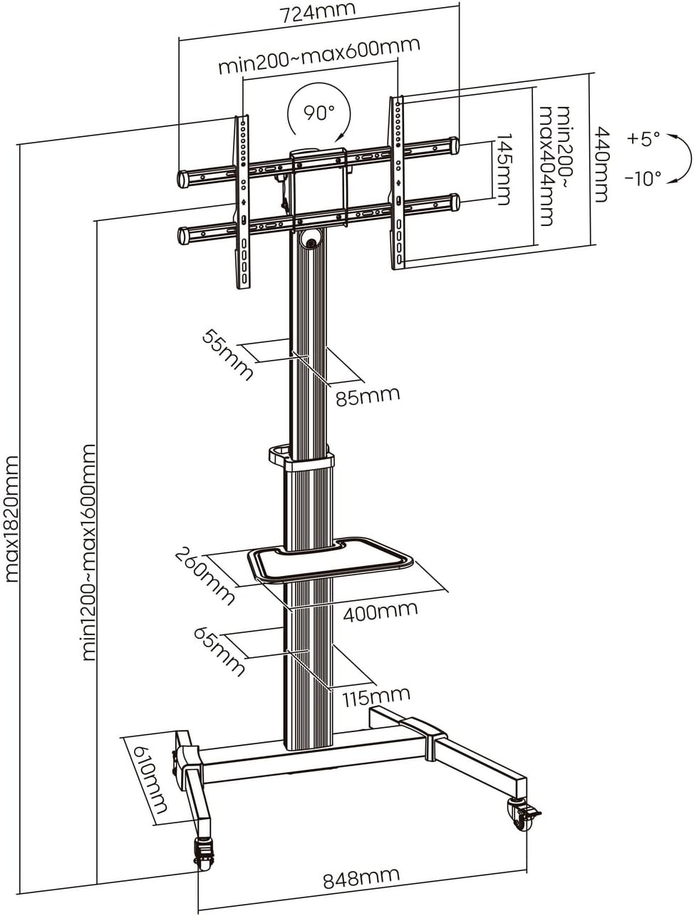 Suporte de Chão Inclinável com Rodas Aisens FT86TRE-197 para TV 37-86"/ até 50kg - Imagem 6