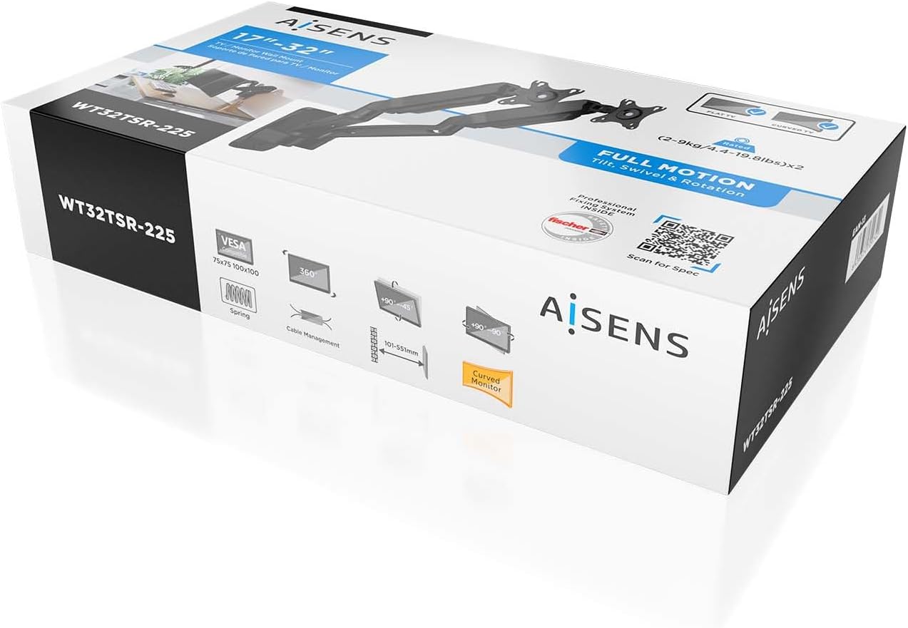 Suporte de Parede para 2 Monitores ou TV Aisens WT32TSR-225/ Giratório/ Inclinável/ até 9kg - Imagem 6
