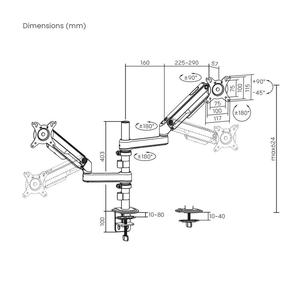 Suporte de Mesa AISENS DT32TSR-453 para 2 Monitores 17"-32" com Contrapeso Carga até 9kg Preto - Imagem 7
