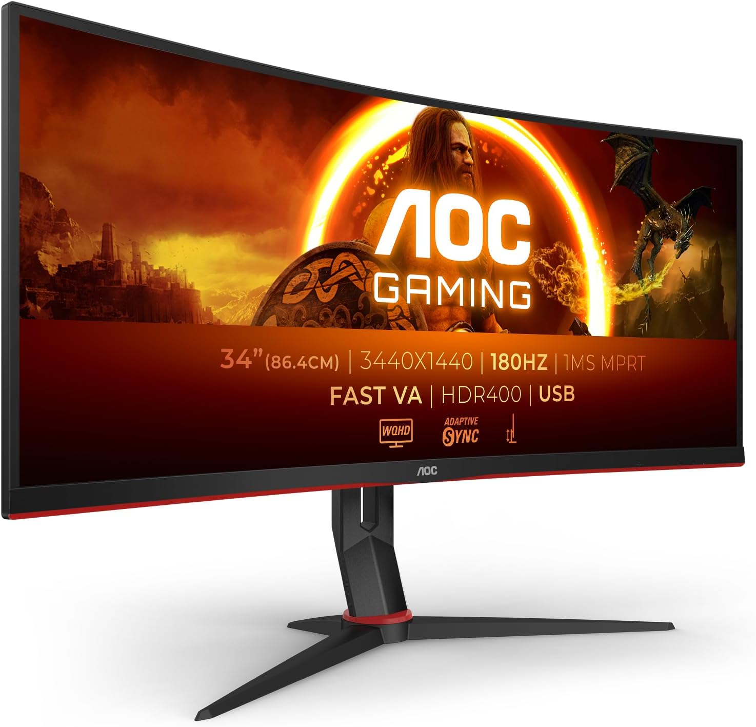 Monitor Gaming Ultra-panorâmico Curvo AOC CU34G2XP/BK 34"/ WQHD/ 1ms/ 180Hz/ VA/ Preto