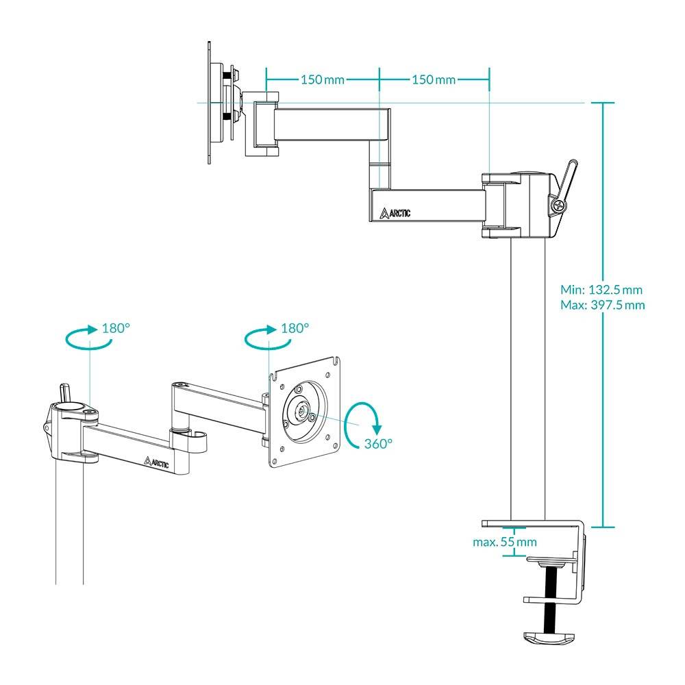 Suporte de secretária para Monitor Arctic X1/ Giratório/ Inclinável/ até 10kg - Imagem 7
