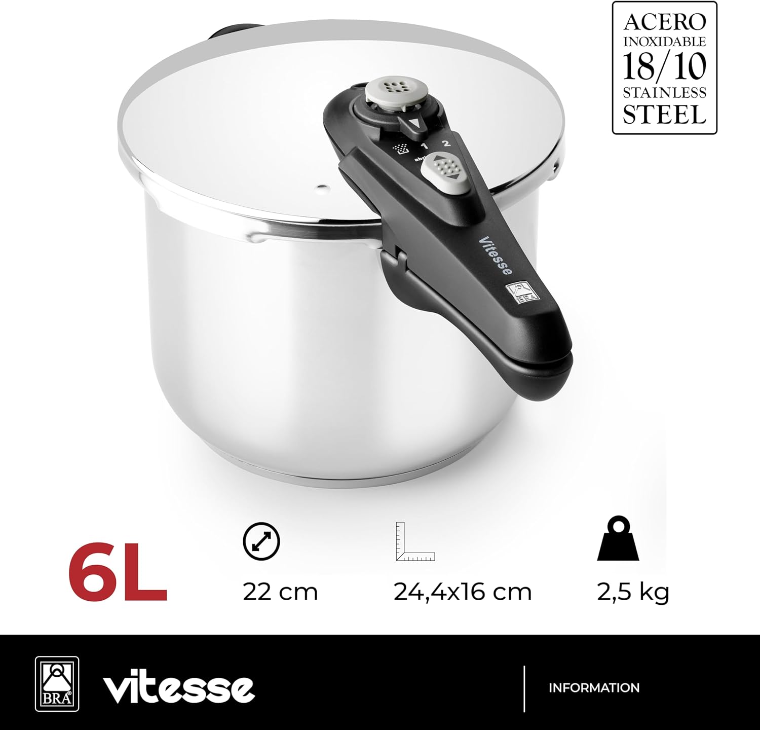 Panela de Pressão Bra Vitesse A185102/ 22cm/ 6L/ Aço Inoxidável/ Compatível com Indução - Imagem 2