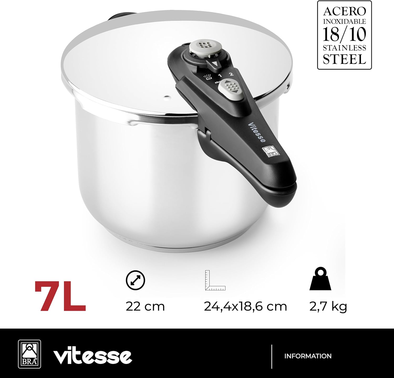 Panela de Pressão Bra Vitesse A185103/ 22cm/ 7L/ Aço Inoxidável/ Adequada para Indução - Imagem 2