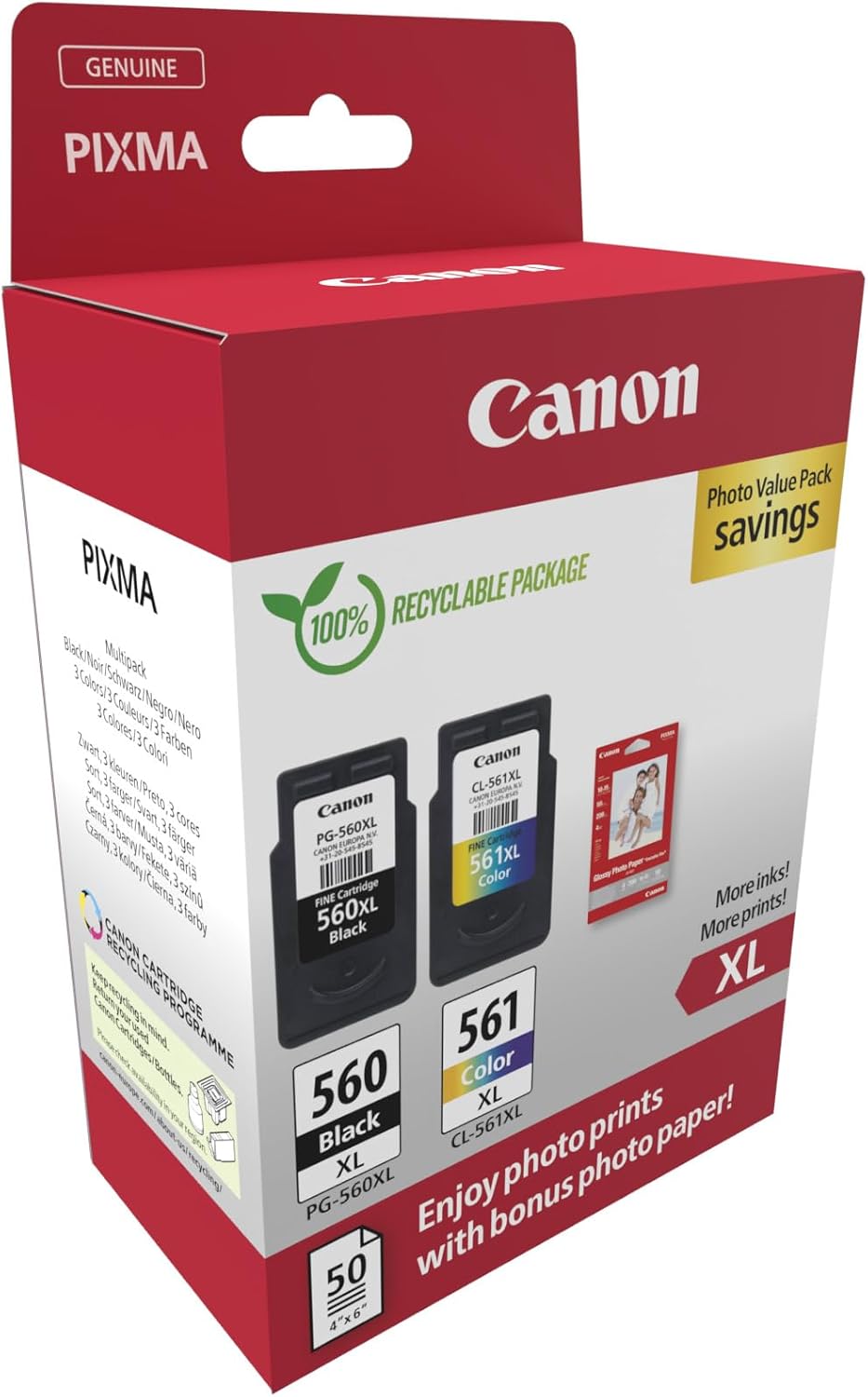 Tinteiro Original Canon PG-560XL + CL-561XL Multipack Alta Capacidade/ Preto/ Tricolor + Papel Fotográfico - Imagem 2