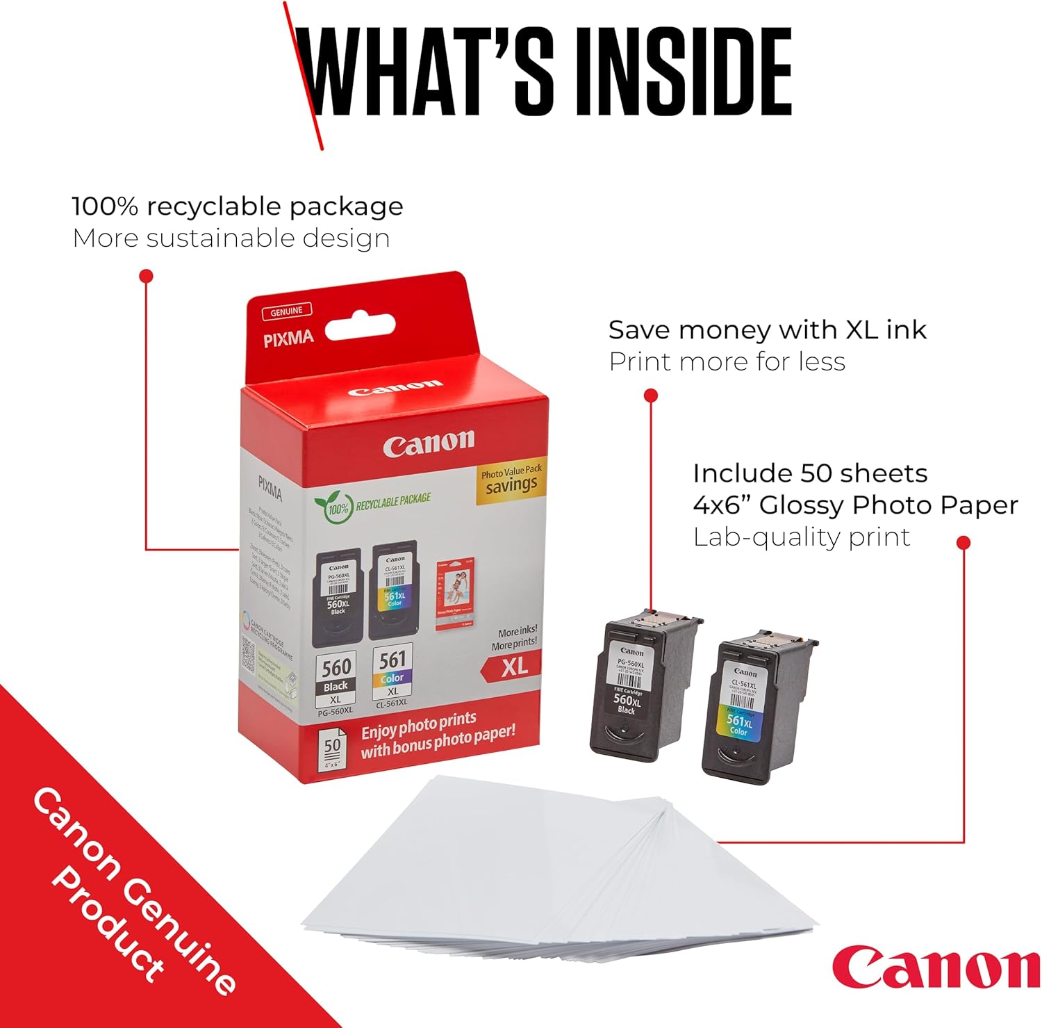 Tinteiro Original Canon PG-560XL + CL-561XL Multipack Alta Capacidade/ Preto/ Tricolor + Papel Fotográfico - Imagem 3