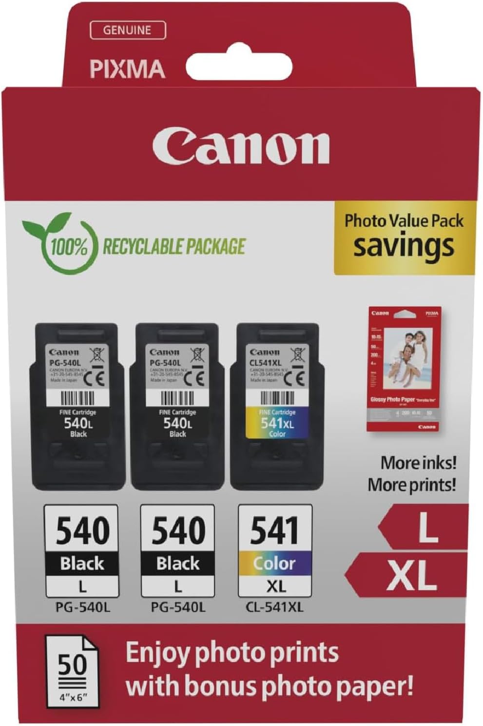 Tinteiro Original Canon PG-540L + CL-541 XL Multipack Alta Capacidade/ 2x Preto/ Tricolor + Papel Fotográfico
