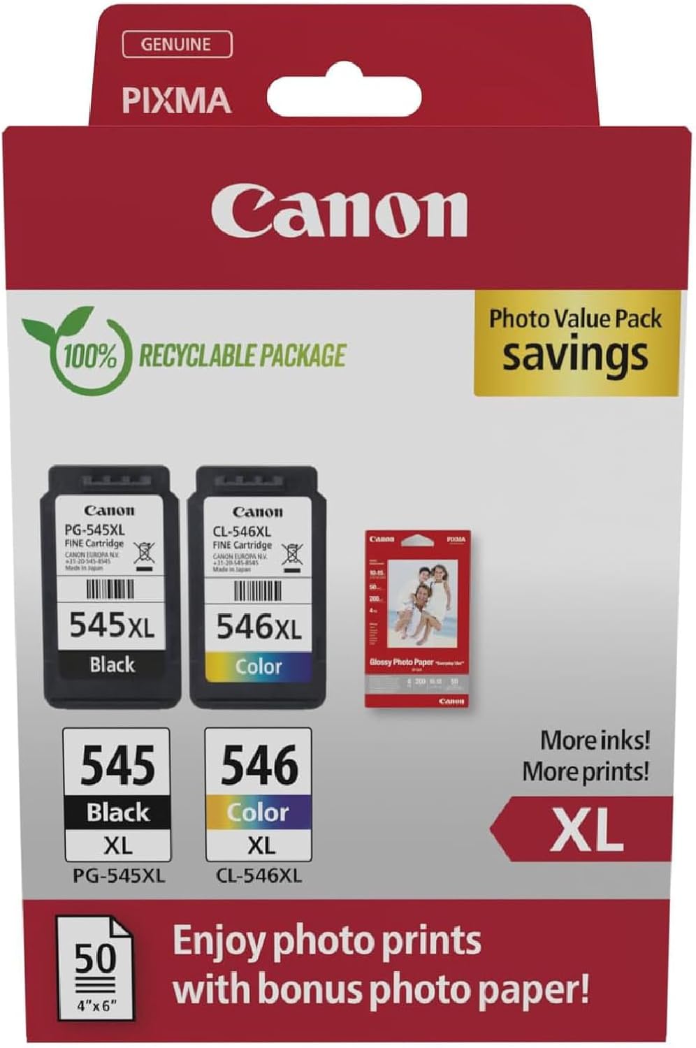 Tinteiro Original Canon PG-545XL + CL546XL Multipack Alta Capacidade/ Preto/ Tricolor + Papel Fotográfico