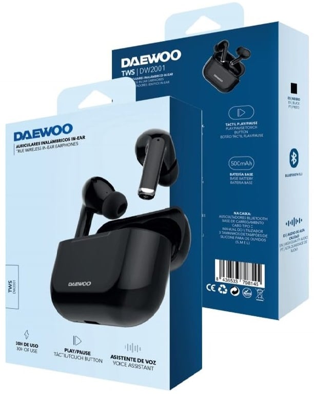 Auriculares Bluetooth Daewoo DW2001 com estojo de carregamento/ Autonomia 6h/ Pretos - Imagem 3