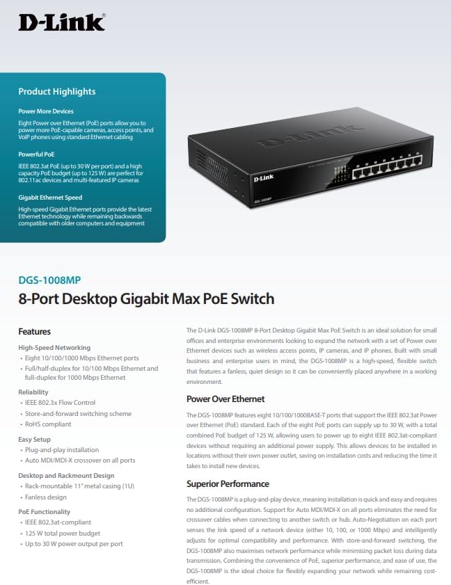 Switch D-Link DGS-1008MP 8 Portas/ RJ-45 10/100/1000 POE - Imagem 5