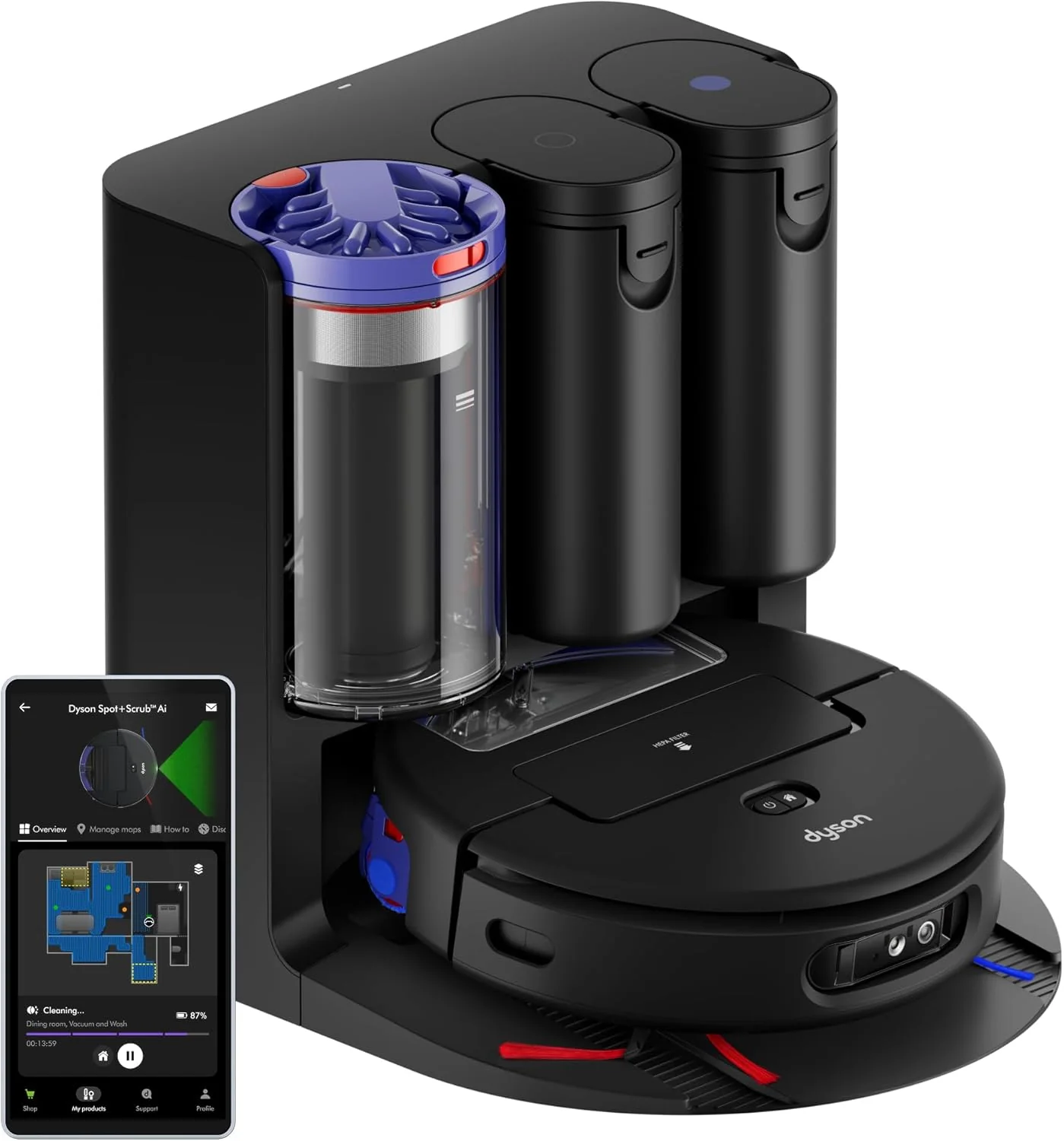 Robot Aspirador e Lavagem Dyson Spot+Scrub AI com Controlo WiFi e Deteção de Manchas por IA Preto