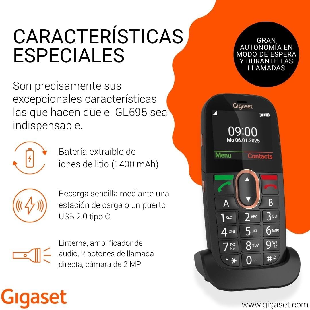Telemóvel Gigaset GL695 4G para Seniores Ecrã 2.31" Botão SOS Teclas Grandes Base de Carga Preto - Imagem 4