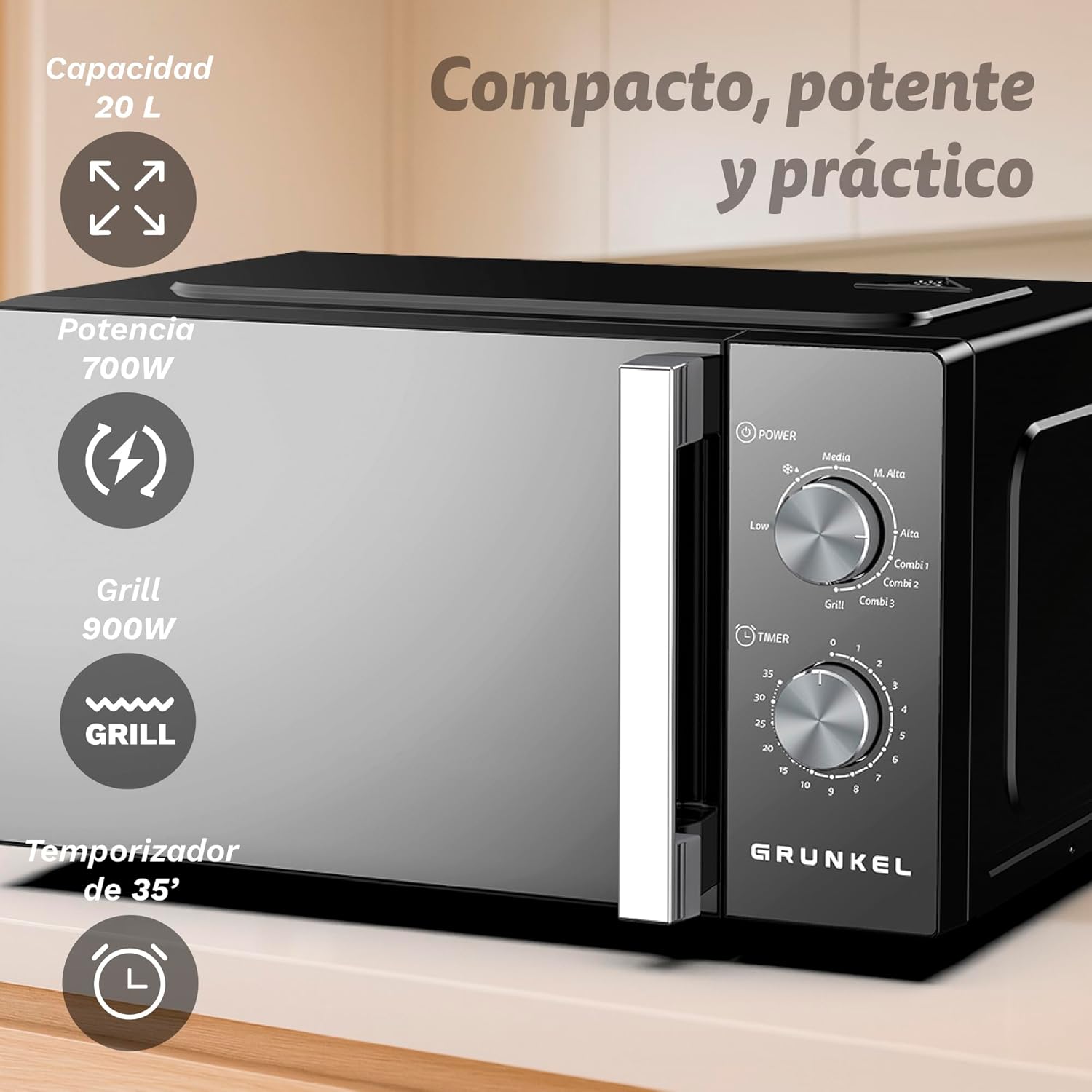 Microondas Grunkel MWG-20ESPEJO/ 800W/ Capacidade 20L/ Função Grill/ Preto - Imagem 3
