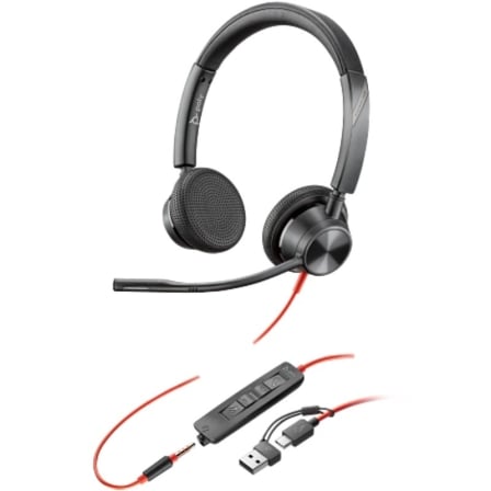 Auriculares Poly Blackwire 3325 Estéreo USB-C com Adaptador USB-A e Jack 3.5mm Preto