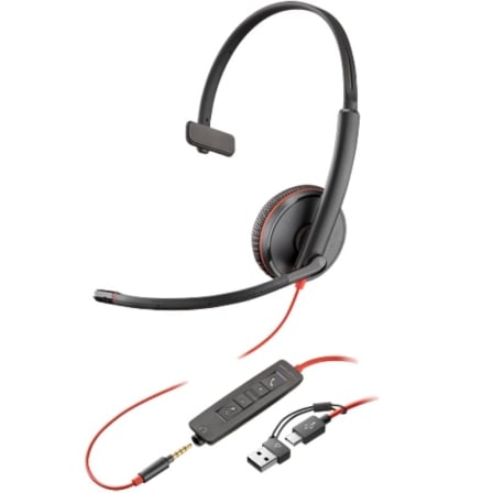 Auricular Monoaural Poly Blackwire 3215 USB-C e Jack 3.5mm com Adaptador USB-A Microfone Cancelamento Ruído Preto
