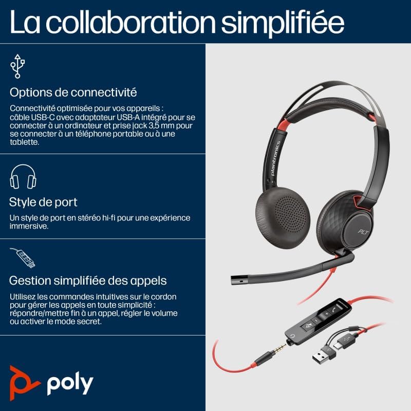 Auriculares Poly Blackwire 5220 USB-C + 3.5 mm + Adaptador USB-C/A/ com Microfone/ Jack 3.5 - USB Tipo-C/ Bulk/ Pretos - Imagem 6