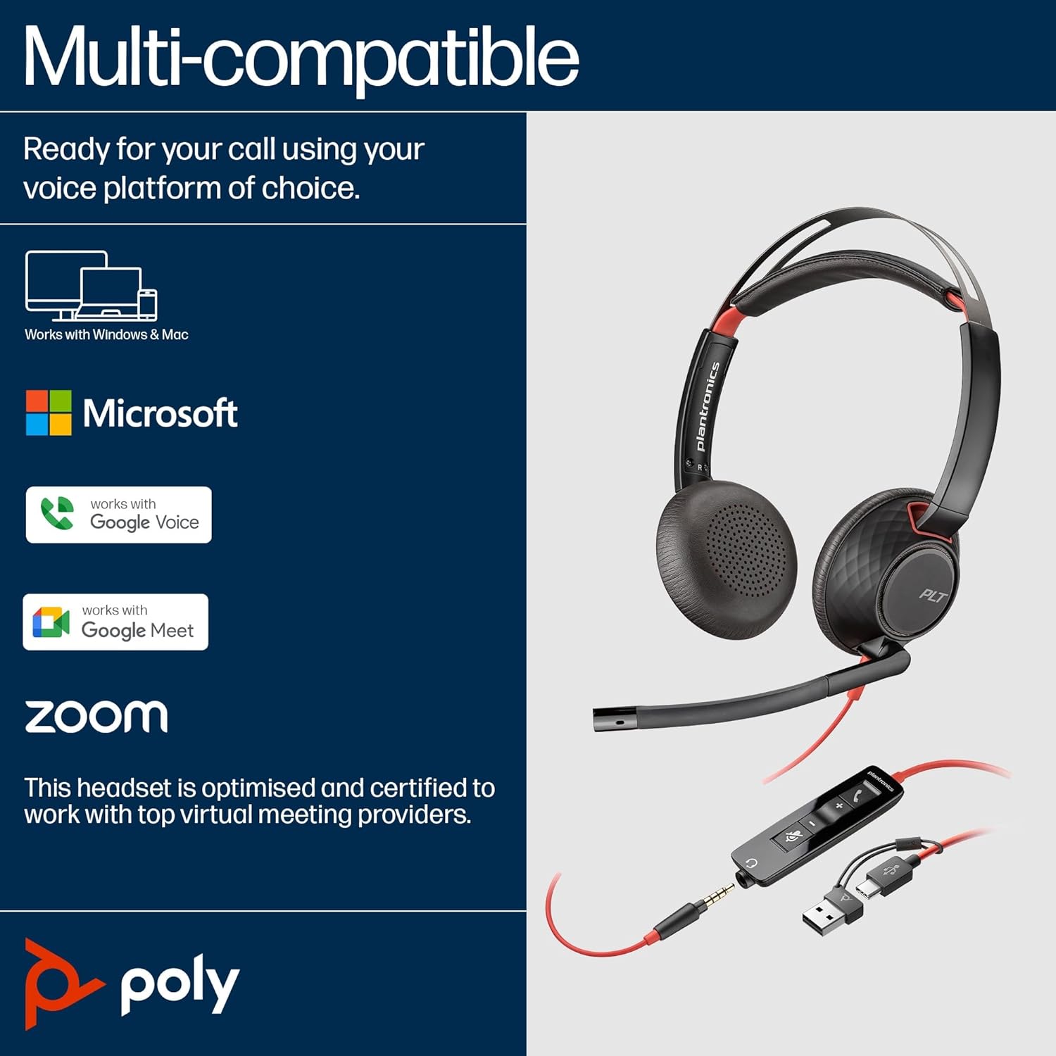 Auriculares Poly Blackwire 5220 USB-C + 3.5 mm + Adaptador USB-C/A/ com Microfone/ Jack 3.5 - USB Tipo-C/ Bulk/ Pretos - Imagem 7