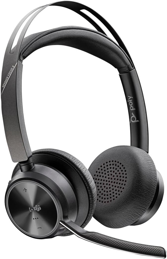 Auscultadores Sem Fios Poly Voyager Focus 2 para Microsoft Teams + Adaptador USB-C-A + Suporte de Carregamento/ com Microfone/ Bluetooth/ Preto