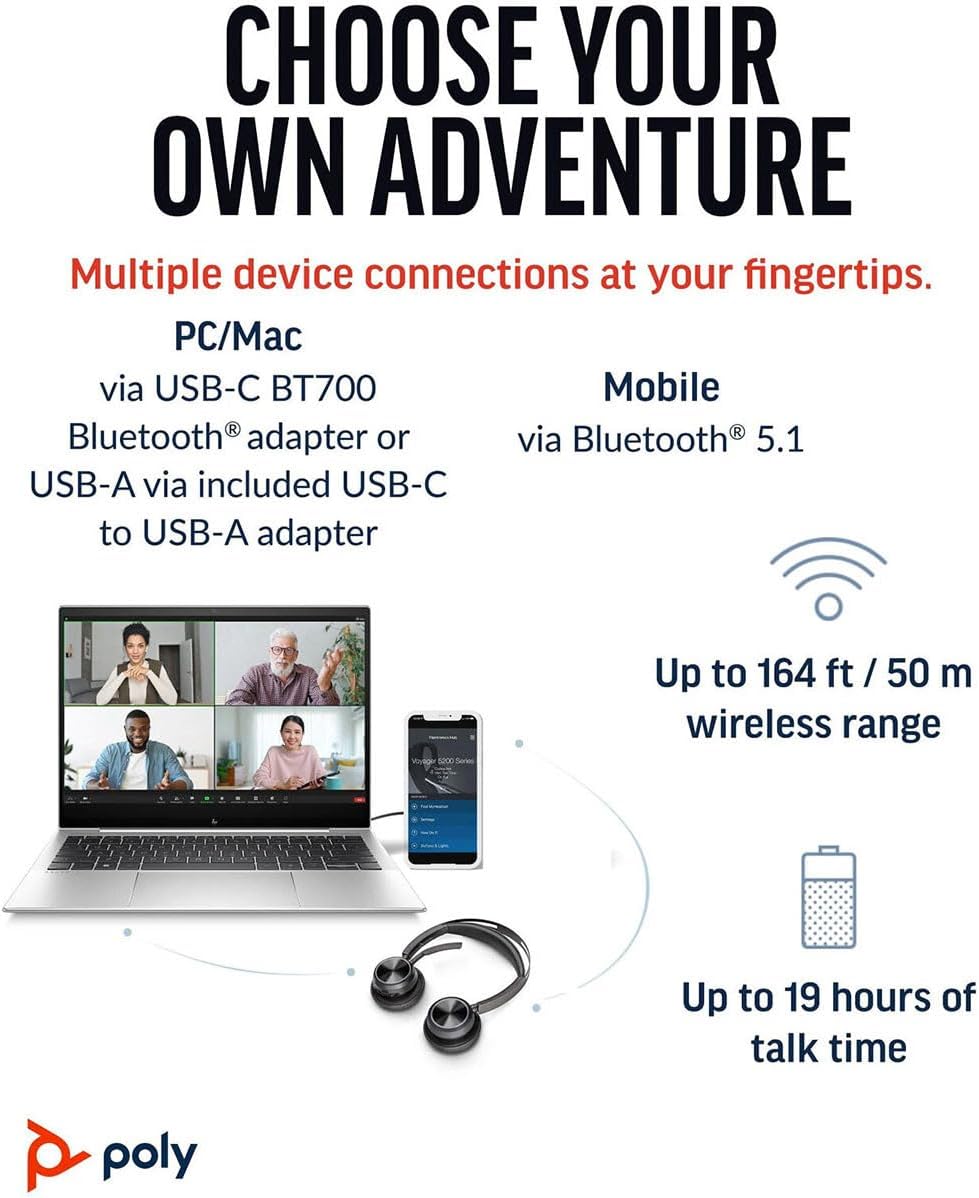 Auscultadores Sem Fios Poly Voyager Focus 2 Microsoft Teams + Adaptador USB-C-A + Suporte de Carga/ com Microfone/ Bluetooth/ Pretos - Imagem 5