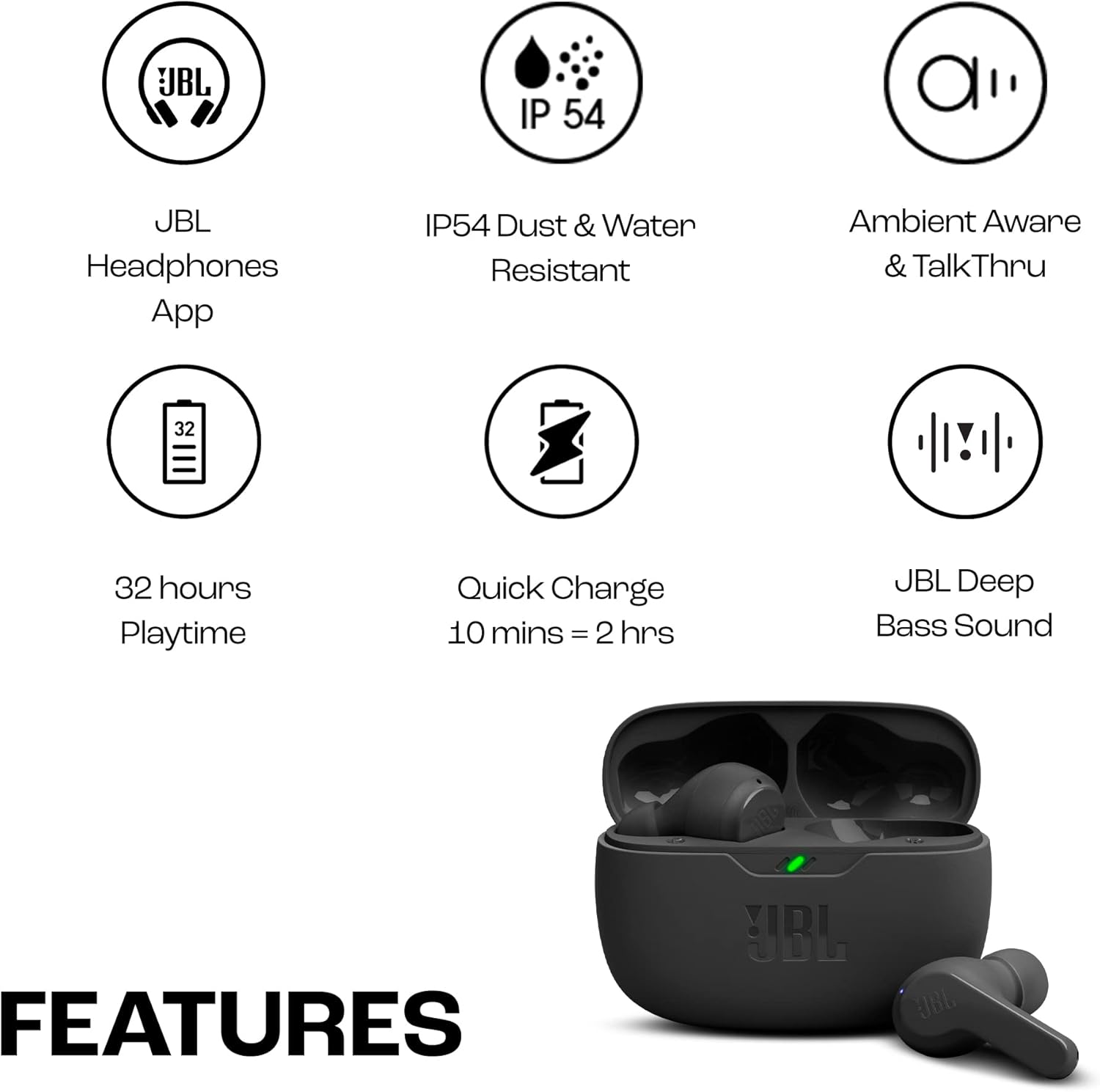 Auriculares Bluetooth JBL Wave Beam com estojo de carregamento/ Autonomia 8h/ Pretos - Imagem 3