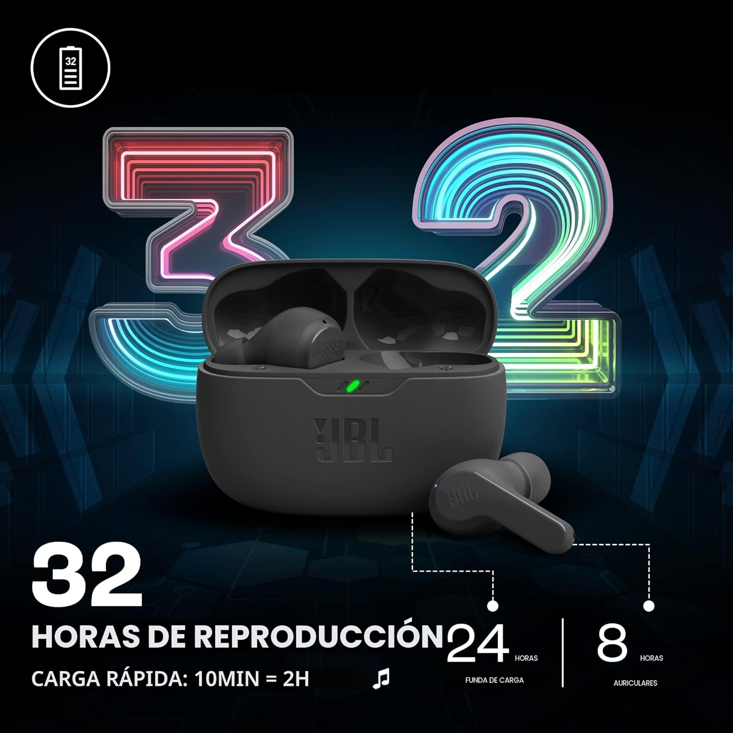 Auriculares Bluetooth JBL Wave Beam com estojo de carregamento/ Autonomia 8h/ Pretos - Imagem 5