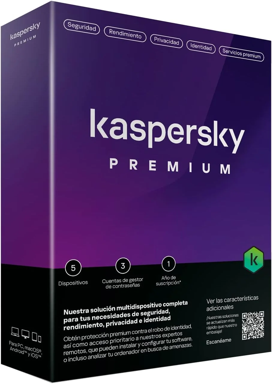 Antivírus Kaspersky Premium 5 Dispositivos 1 Ano Windows macOS Android iOS