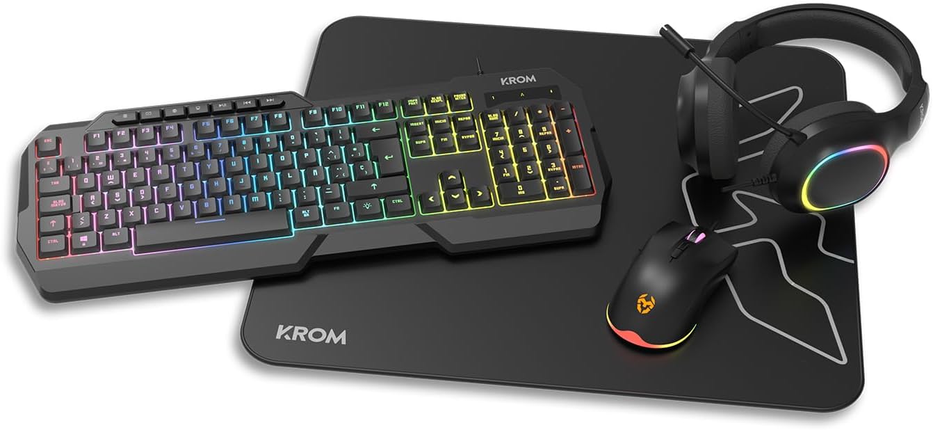 Pack Gaming 4 em 1 KROM Kenta Teclado RGB Rato 7200 DPI Auscultadores 50mm e Tapete XL Preto
