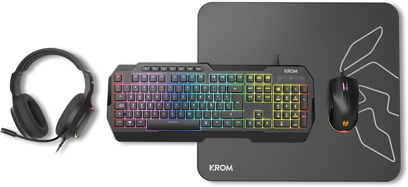 Pack Gaming 4 em 1 KROM Kenta Teclado RGB Rato 7200 DPI Auscultadores 50mm e Tapete XL Preto - Imagem 2