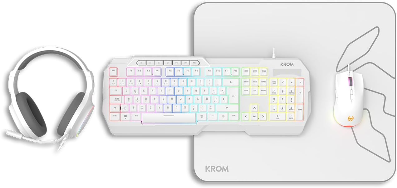 Pack Gaming 4 em 1 Krom Kenta Teclado RGB Rato 7200 DPI Auscultadores 50mm Tapete Branco - Imagem 2