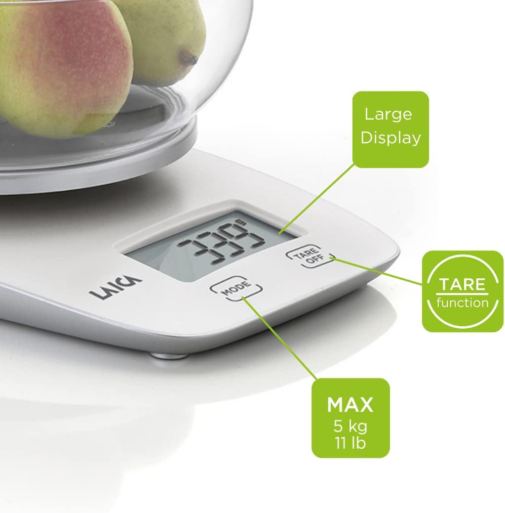 Balança de Cozinha Digital Laica KS1060W Capacidade 5kg Divisões 1g com Taça Grande e Ecrã LCD Branco - Imagem 4